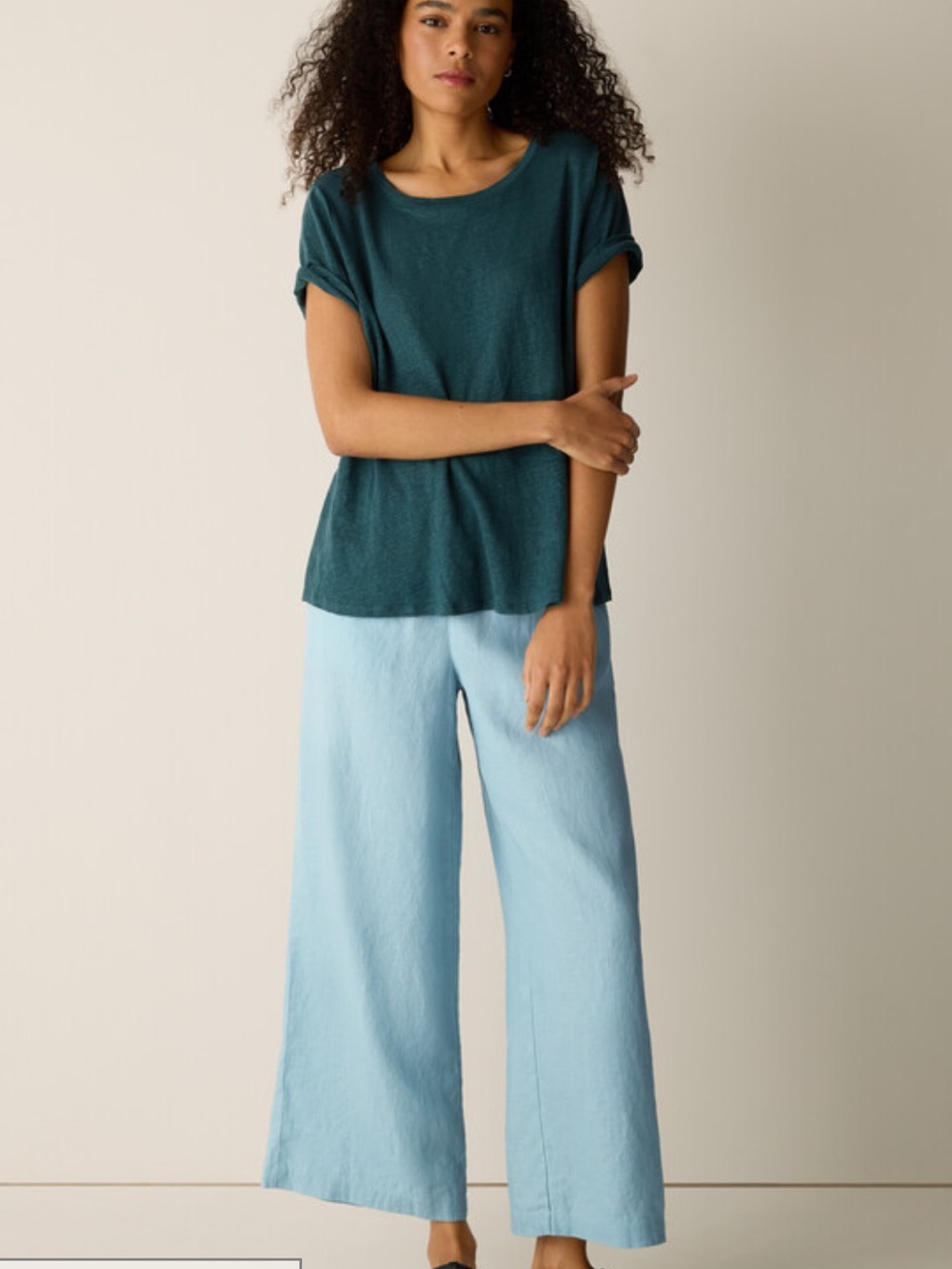 Eileen Fisher Teal Organic Linen Jersey Crew Neck Tee